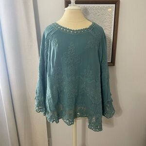 Democracy Blue Lace Embroidered Blouse with Bell Sleeves